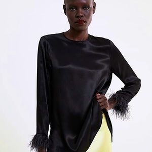 Zara | Tops | Zara Black Satin Effect Blouse Feather Trim Sleeves Sz Small  Bloggers Favorite | Poshmark